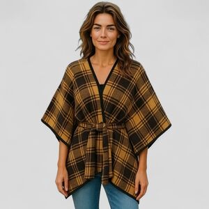 RACHEL ROY Black/Tan Plaid Fleece Tie Wrap Poncho/Cape/Sweater Women's‎ L / XL